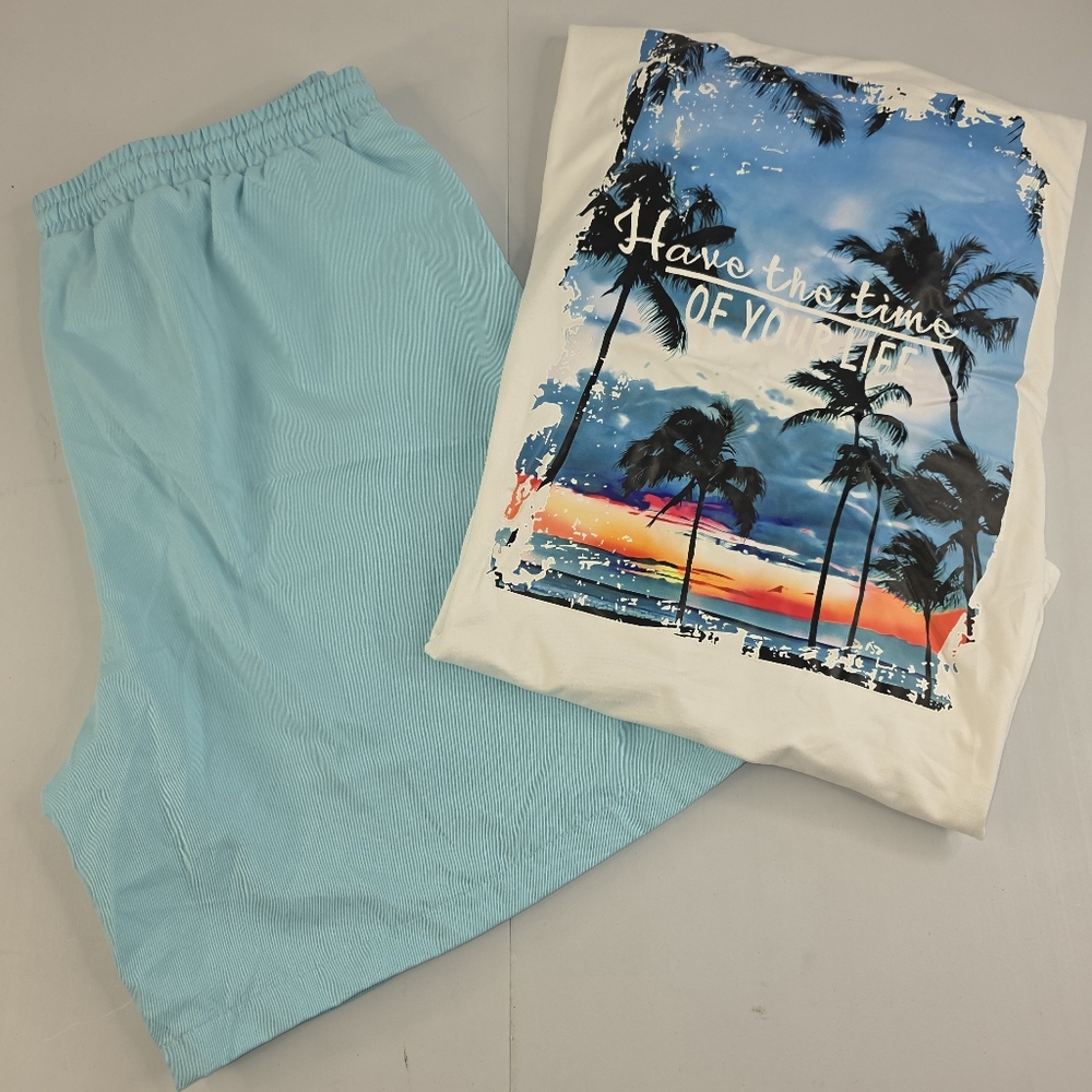 SHEIN Men's Blue and White Tropical Print T-Shirt and Shorts Set Size XL CH-2930
